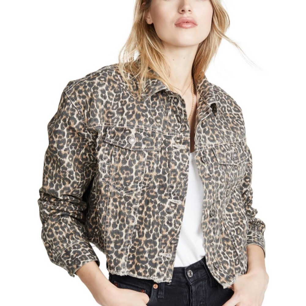 Free People Size L Cheetah Denim Jacket- Raw Edges